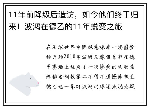 11年前降级后造访，如今他们终于归来！波鸿在德乙的11年蜕变之旅