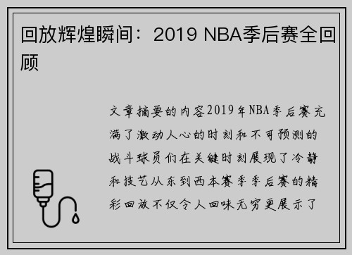 回放辉煌瞬间：2019 NBA季后赛全回顾